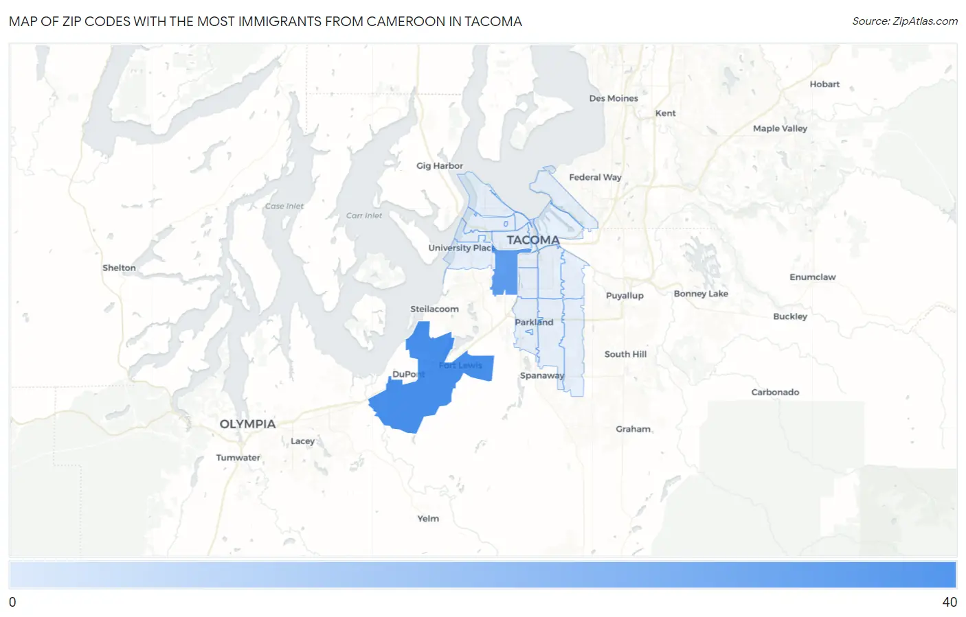 Zip Codes with the Most Immigrants from Cameroon in Tacoma Map