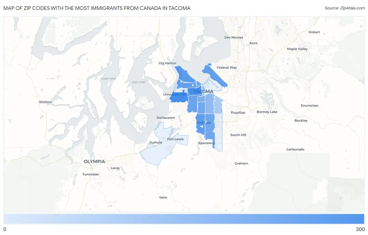 Zip Codes with the Most Immigrants from Canada in Tacoma Map