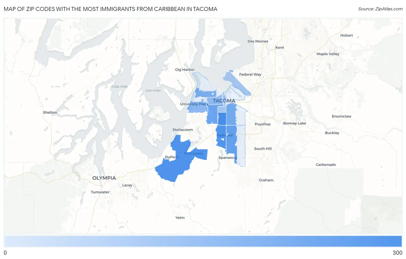 Zip Codes with the Most Immigrants from Caribbean in Tacoma Map