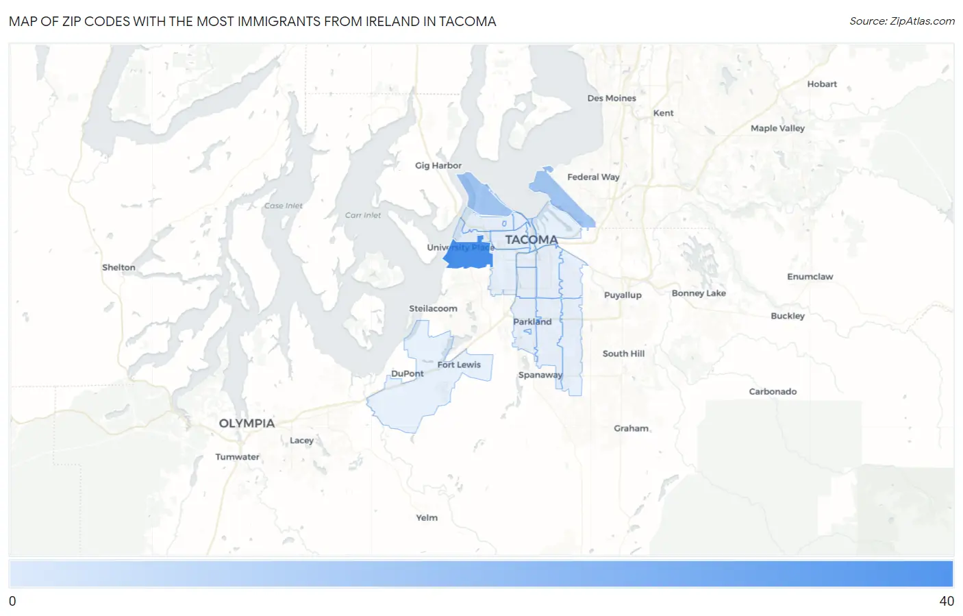 Zip Codes with the Most Immigrants from Ireland in Tacoma Map