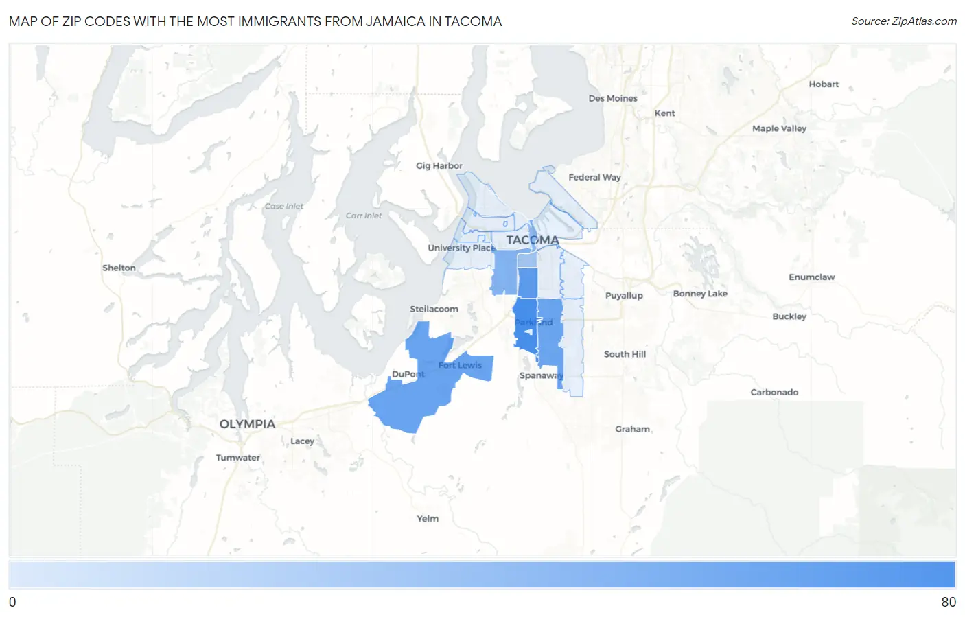 Zip Codes with the Most Immigrants from Jamaica in Tacoma Map