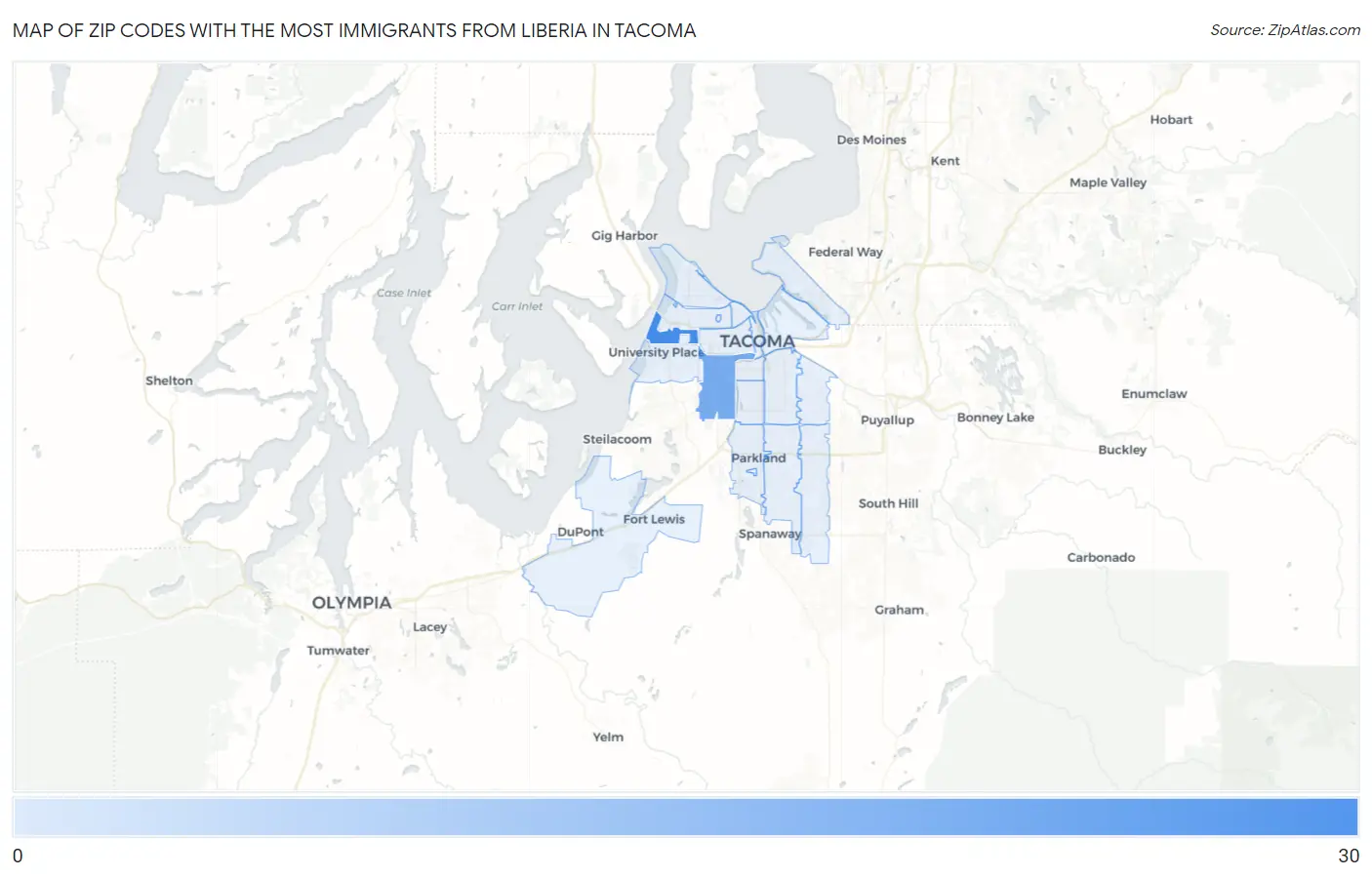 Zip Codes with the Most Immigrants from Liberia in Tacoma Map