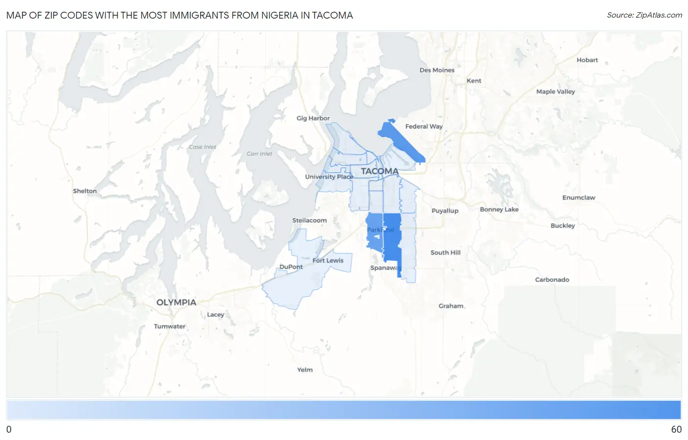 Zip Codes with the Most Immigrants from Nigeria in Tacoma Map