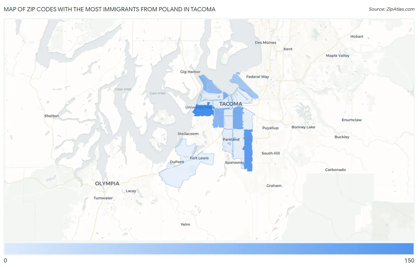 Zip Codes with the Most Immigrants from Poland in Tacoma Map
