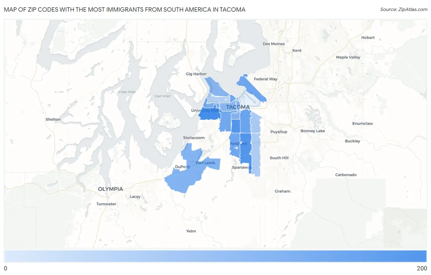 Zip Codes with the Most Immigrants from South America in Tacoma Map