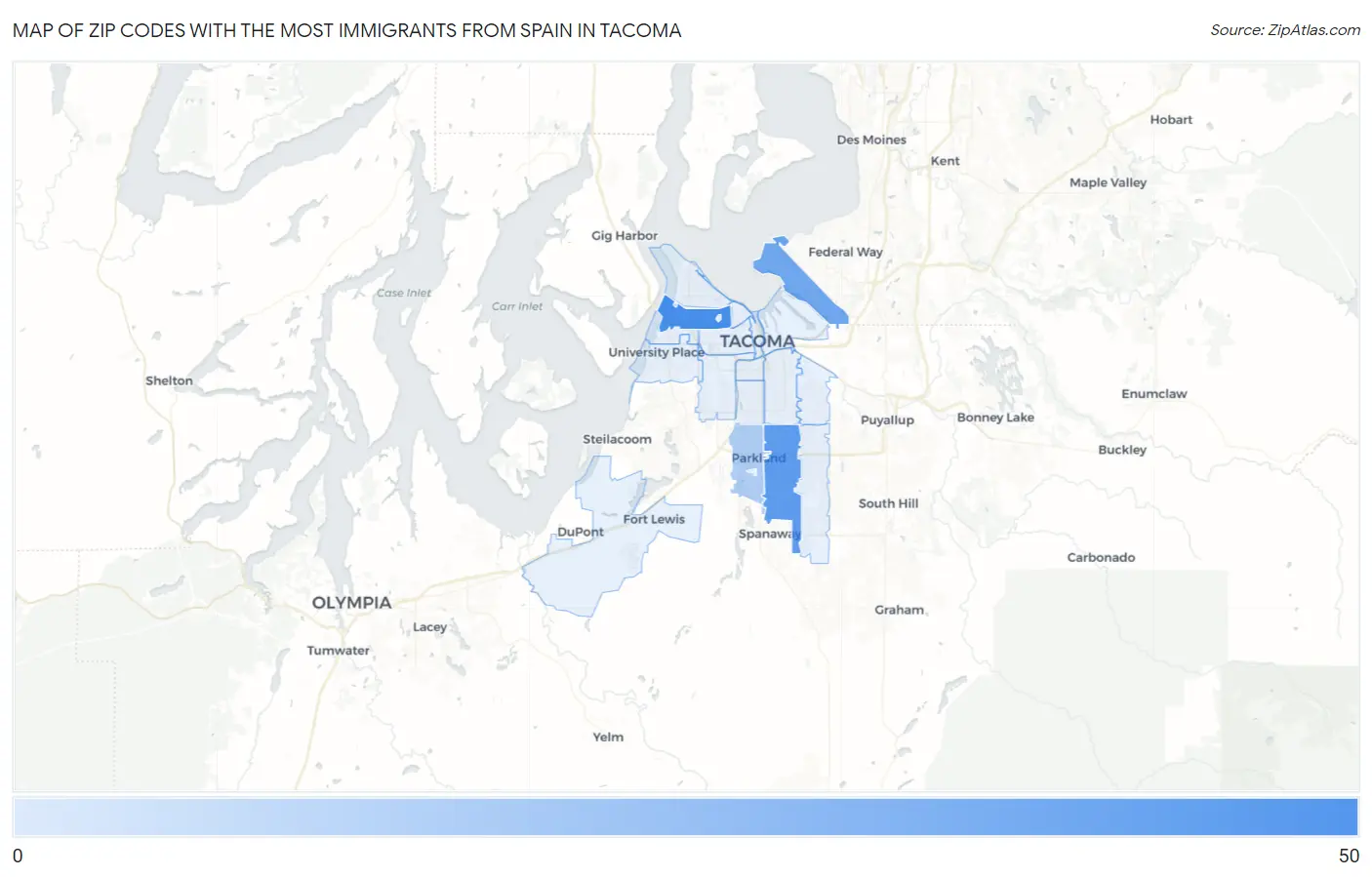 Zip Codes with the Most Immigrants from Spain in Tacoma Map