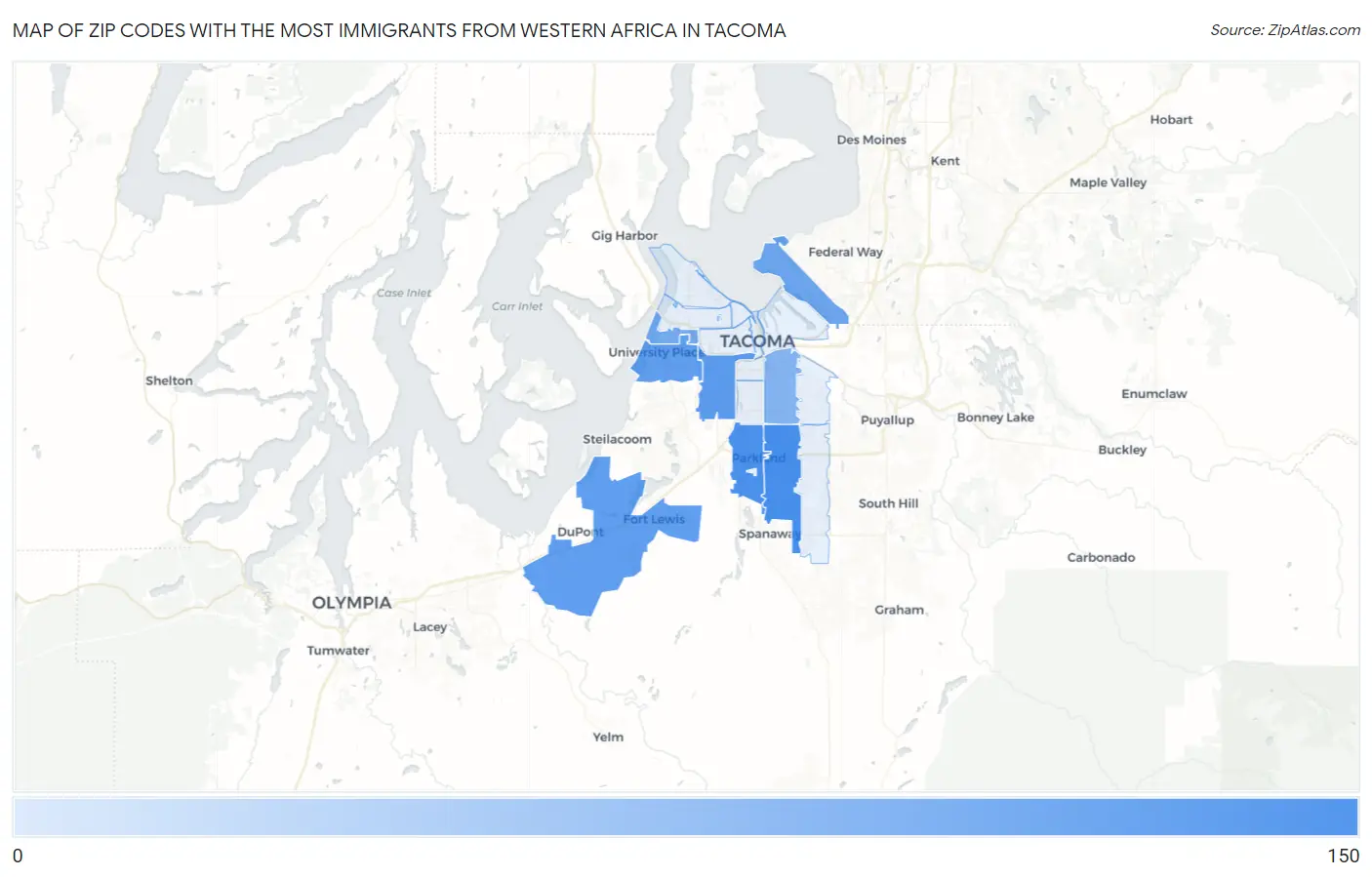 Zip Codes with the Most Immigrants from Western Africa in Tacoma Map
