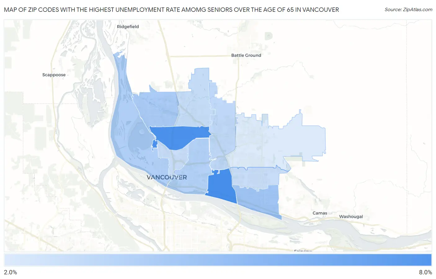 Zip Codes with the Highest Unemployment Rate Amomg Seniors Over the Age of 65 in Vancouver Map