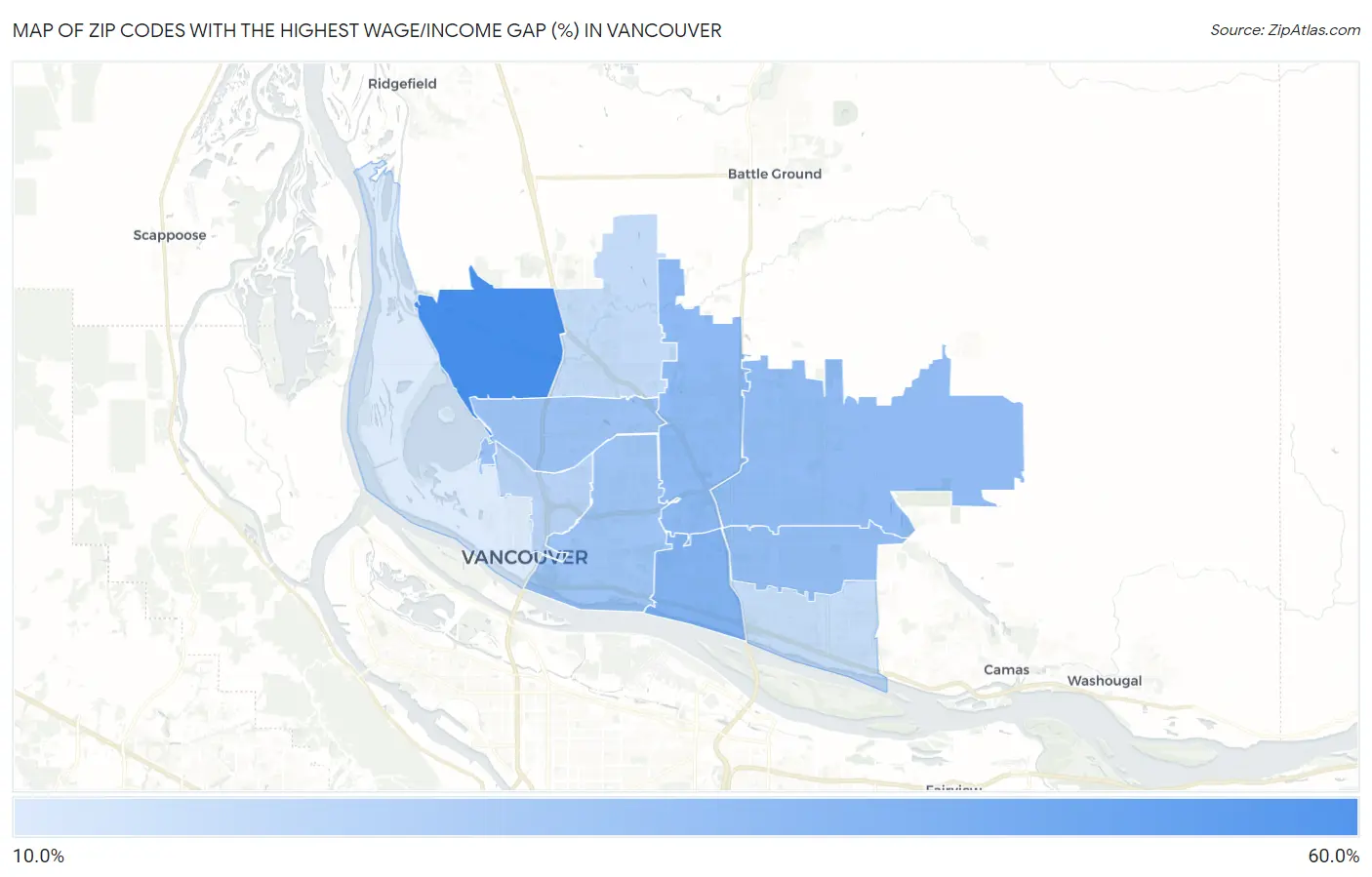 Zip Codes with the Highest Wage/Income Gap (%) in Vancouver Map