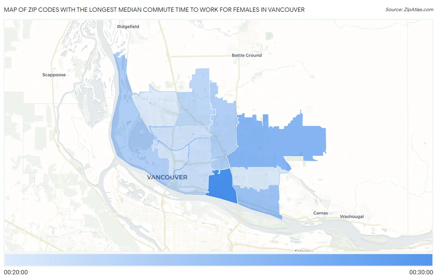 Zip Codes with the Longest Median Commute Time to Work for Females in Vancouver Map