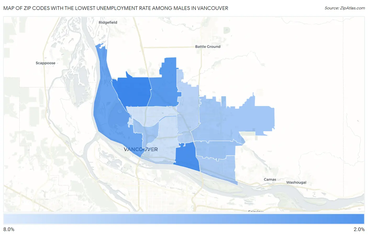 Zip Codes with the Lowest Unemployment Rate Among Males in Vancouver Map