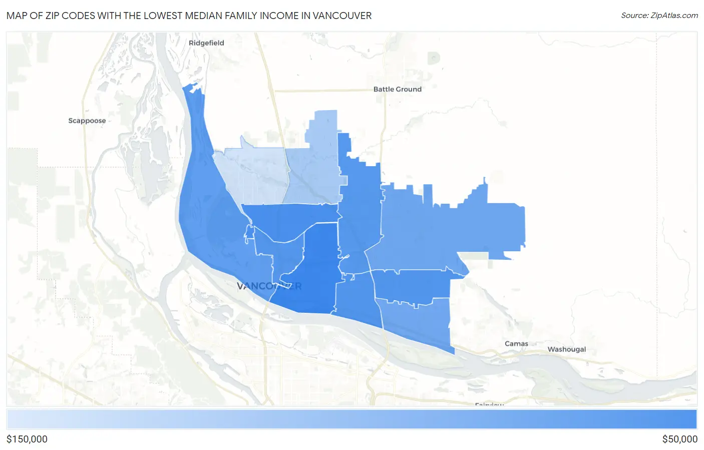 Zip Codes with the Lowest Median Family Income in Vancouver Map