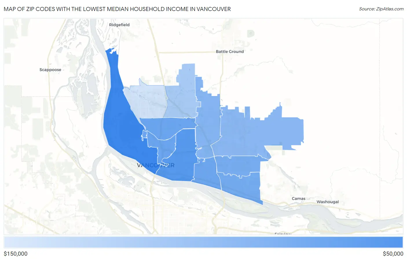 Zip Codes with the Lowest Median Household Income in Vancouver Map
