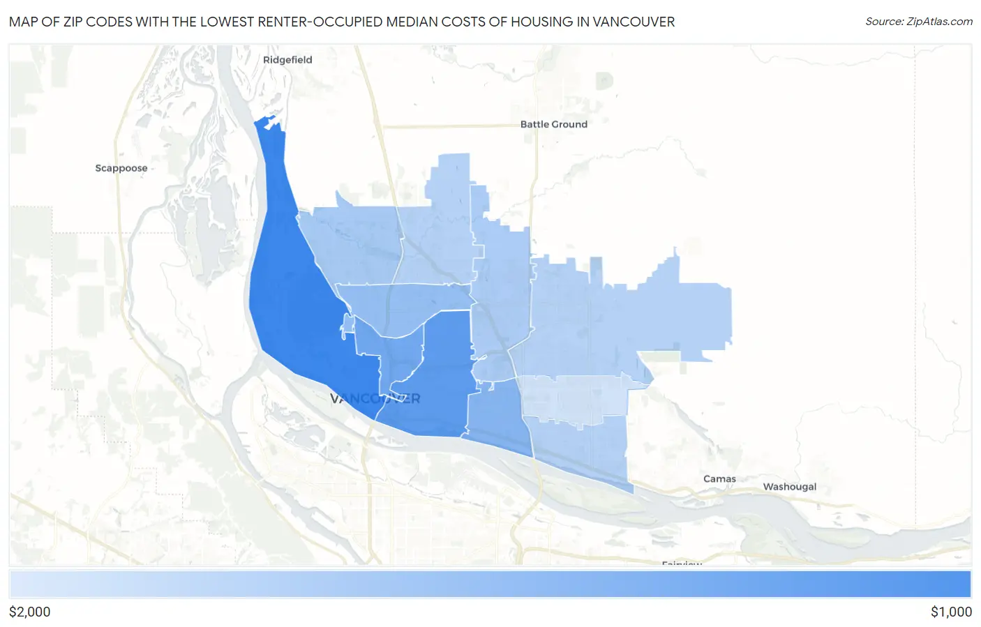 Zip Codes with the Lowest Renter-Occupied Median Costs of Housing in Vancouver Map