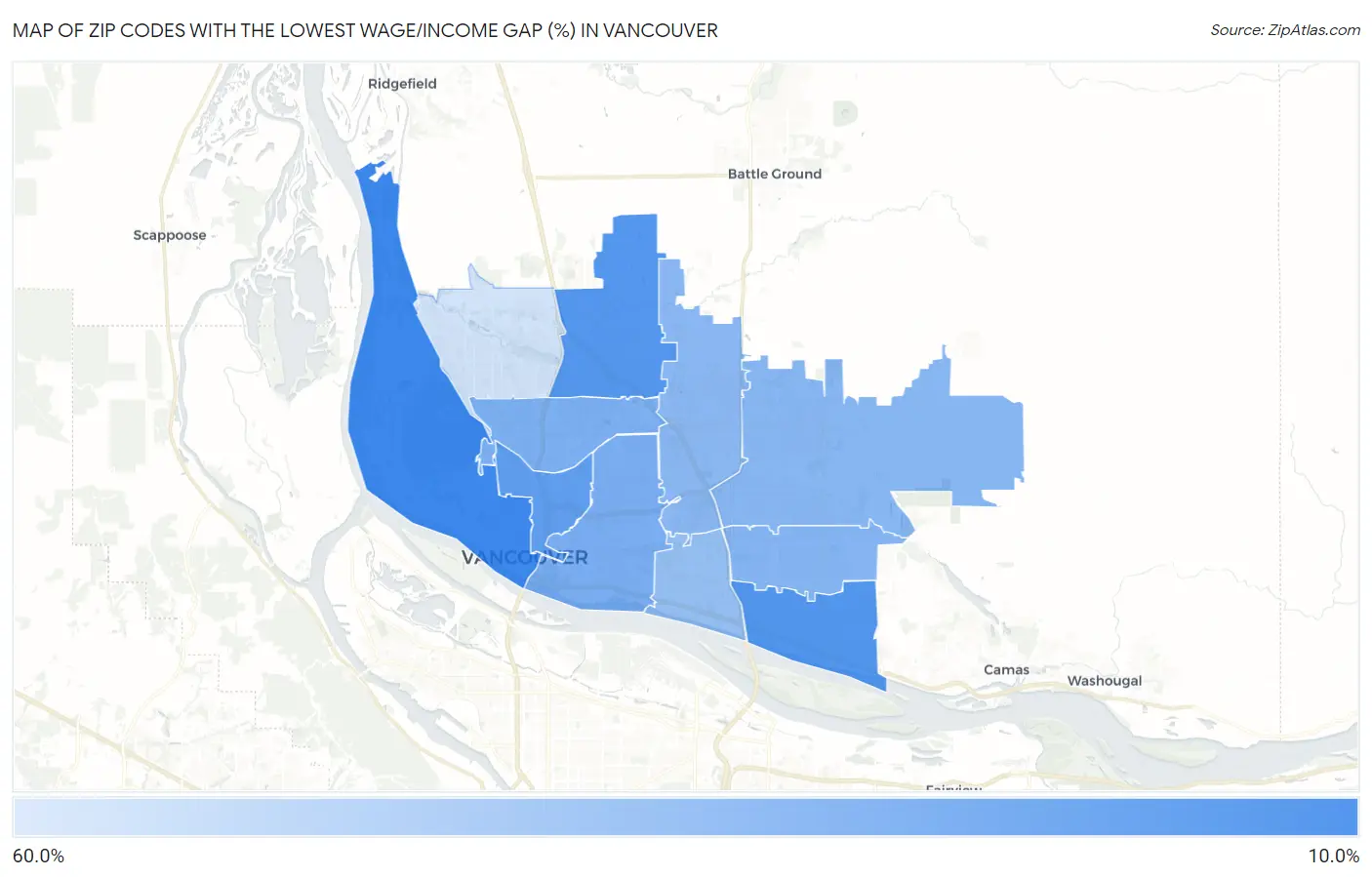 Zip Codes with the Lowest Wage/Income Gap (%) in Vancouver Map