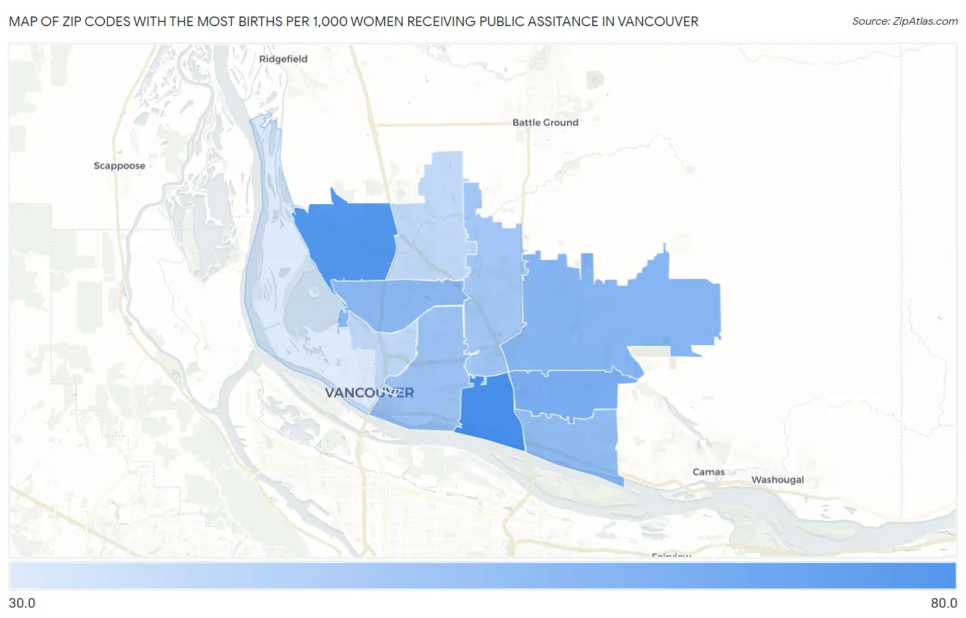 Zip Codes with the Most Births per 1,000 Women Receiving Public Assitance in Vancouver Map