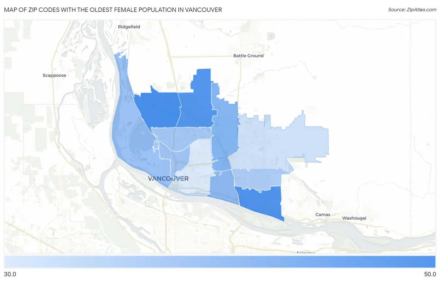 Zip Codes with the Oldest Female Population in Vancouver Map