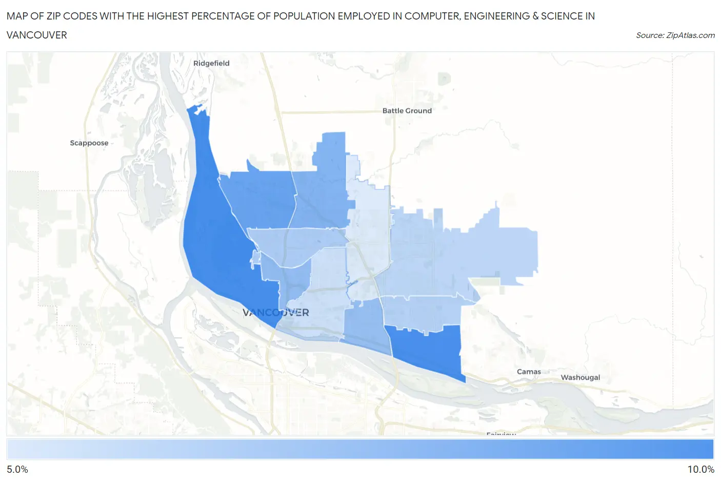 Zip Codes with the Highest Percentage of Population Employed in Computer, Engineering & Science in Vancouver Map