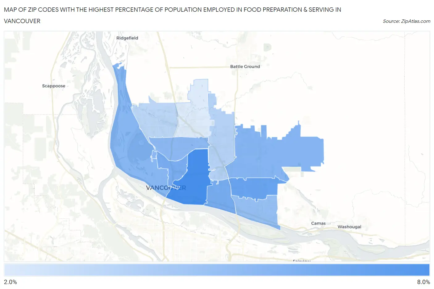 Zip Codes with the Highest Percentage of Population Employed in Food Preparation & Serving in Vancouver Map