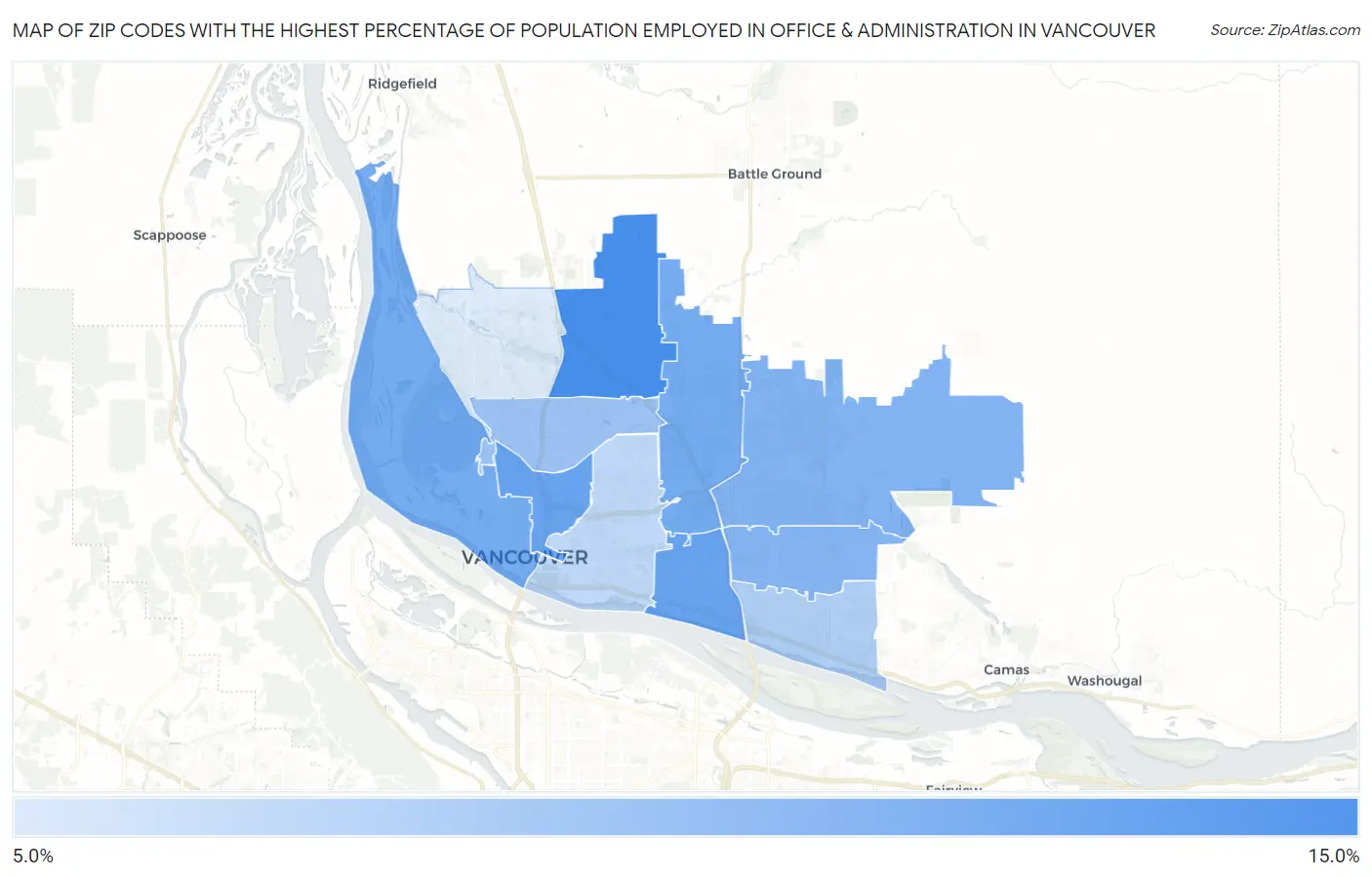 Zip Codes with the Highest Percentage of Population Employed in Office & Administration in Vancouver Map