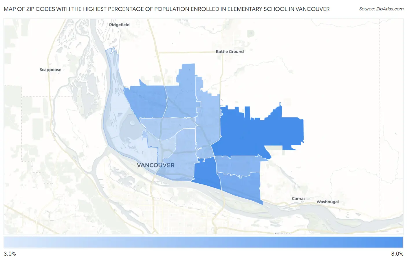 Zip Codes with the Highest Percentage of Population Enrolled in Elementary School in Vancouver Map