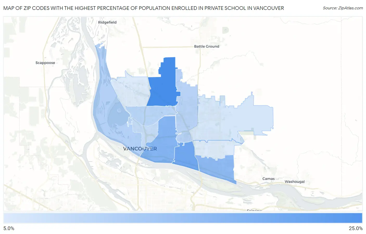 Zip Codes with the Highest Percentage of Population Enrolled in Private School in Vancouver Map