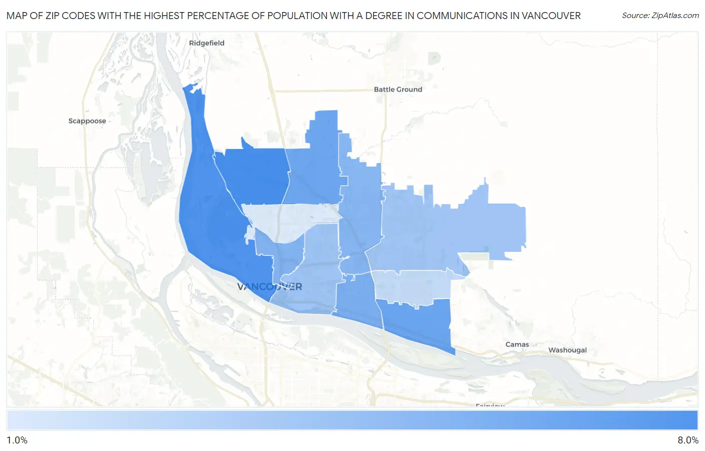 Zip Codes with the Highest Percentage of Population with a Degree in Communications in Vancouver Map