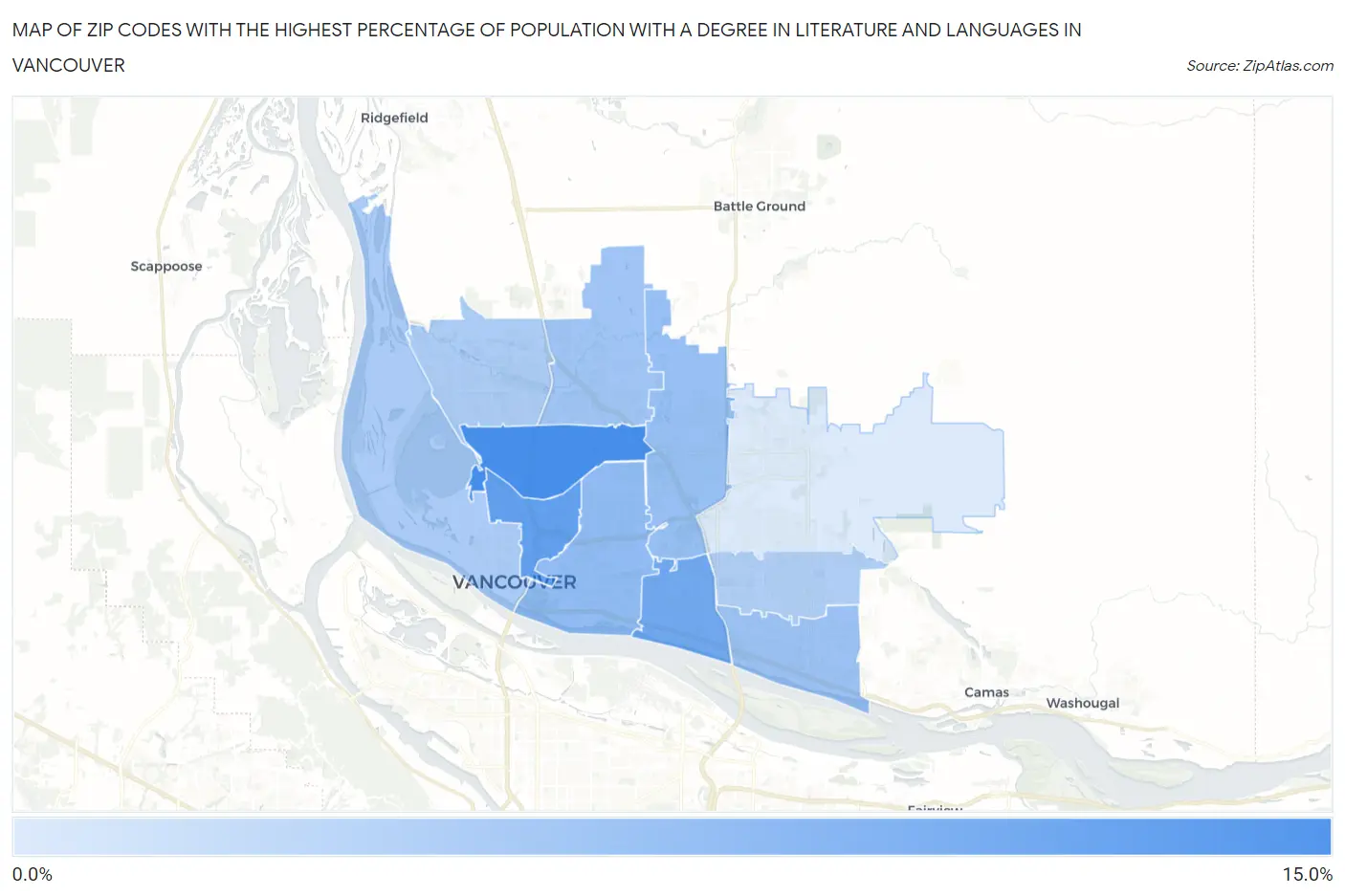 Zip Codes with the Highest Percentage of Population with a Degree in Literature and Languages in Vancouver Map