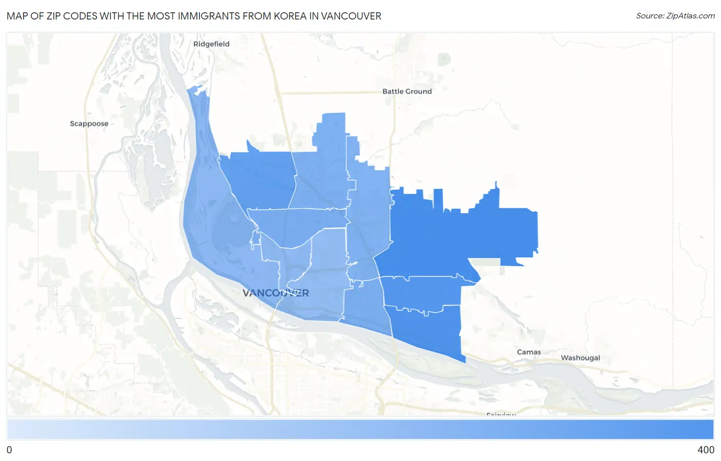 Zip Codes with the Most Immigrants from Korea in Vancouver Map