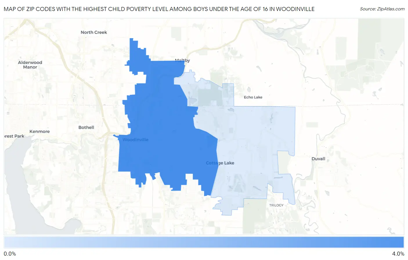 Zip Codes with the Highest Child Poverty Level Among Boys Under the Age of 16 in Woodinville Map