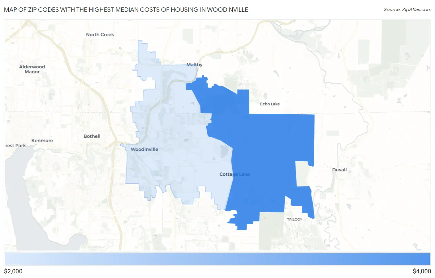 Zip Codes with the Highest Median Costs of Housing in Woodinville Map