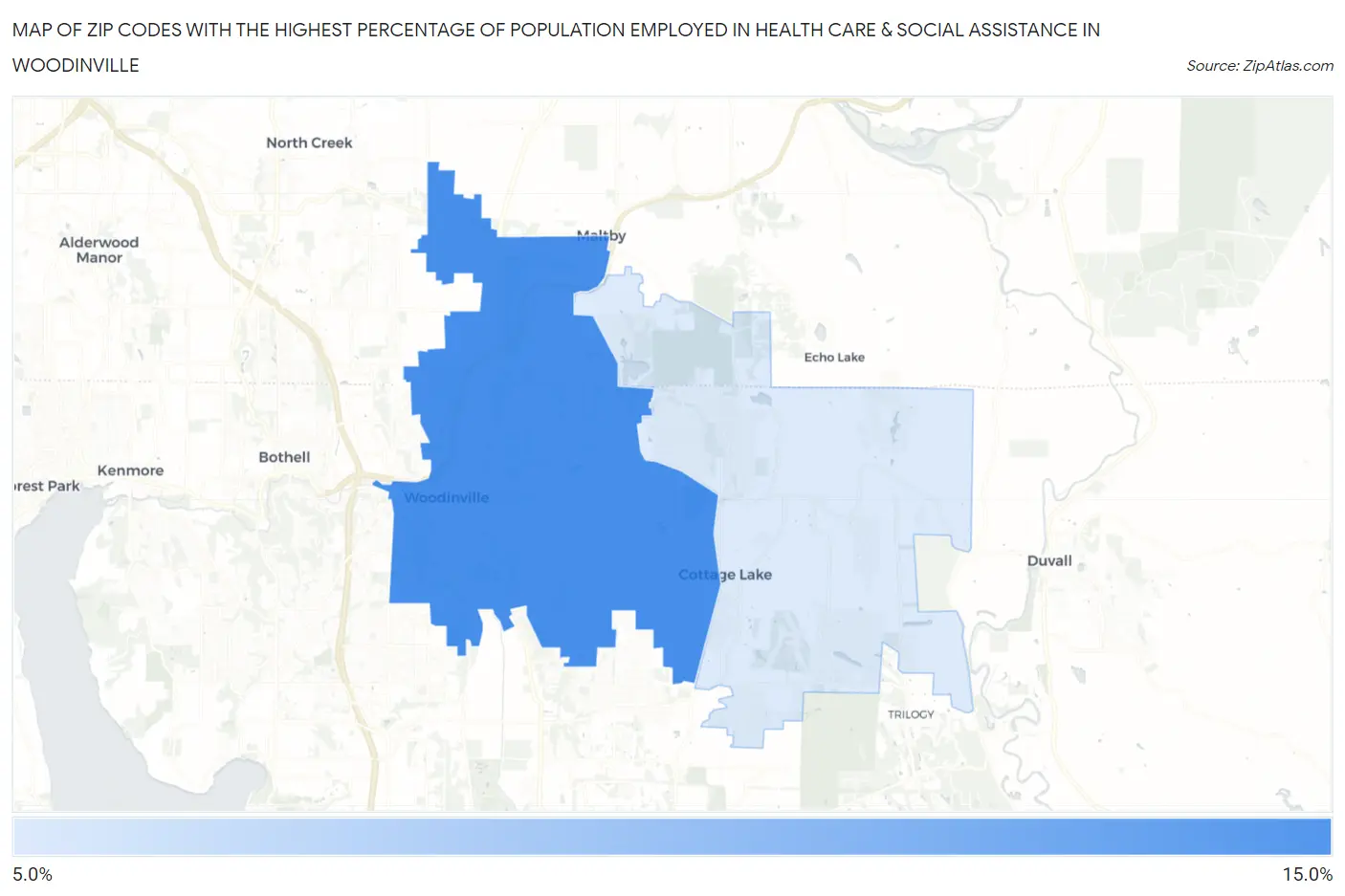 Zip Codes with the Highest Percentage of Population Employed in Health Care & Social Assistance in Woodinville Map