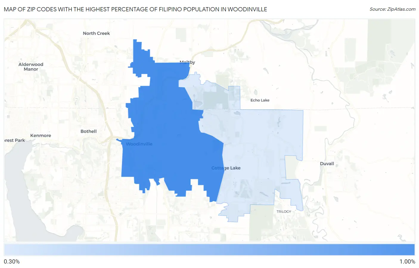 Zip Codes with the Highest Percentage of Filipino Population in Woodinville Map