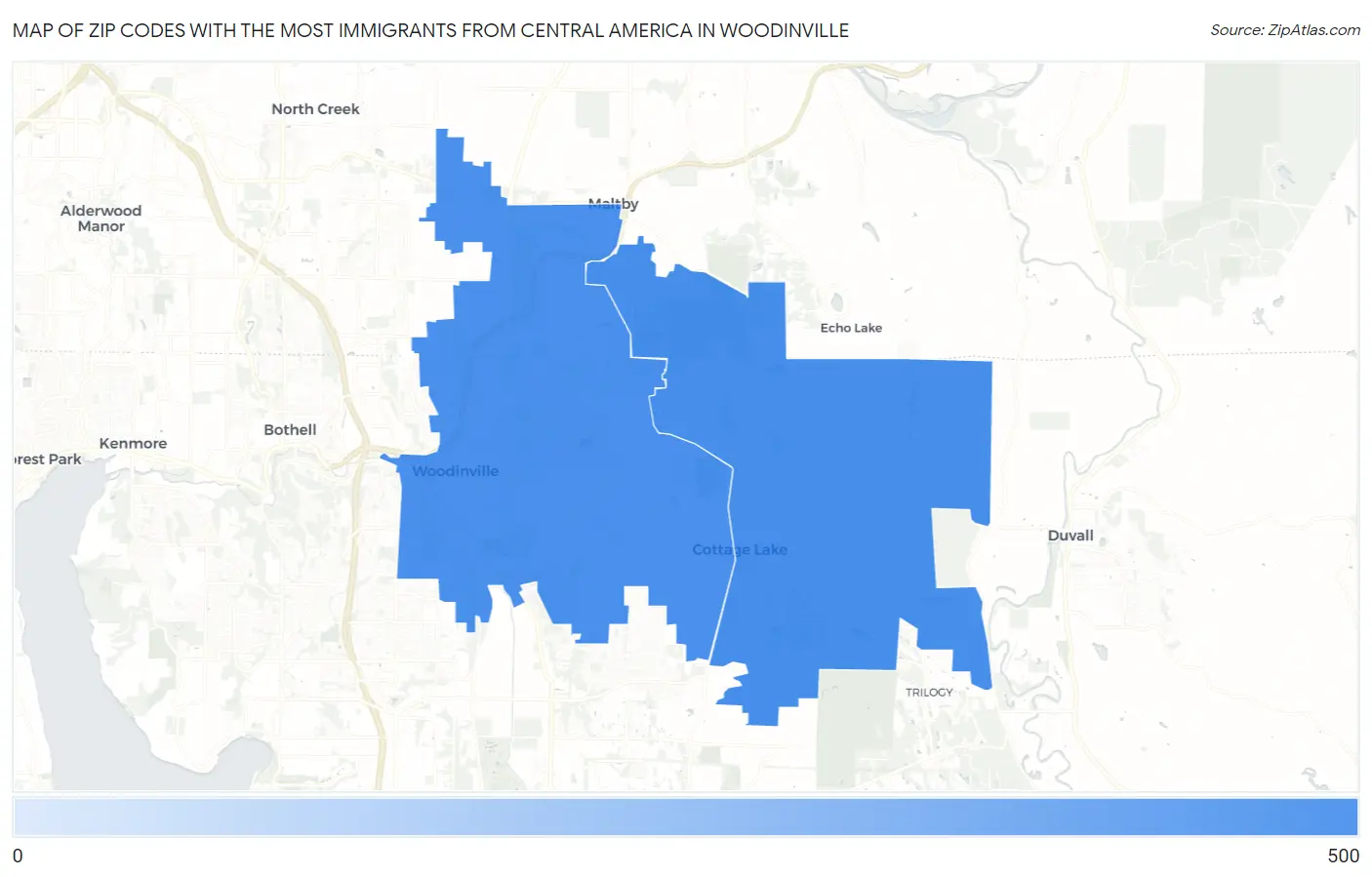 Zip Codes with the Most Immigrants from Central America in Woodinville Map