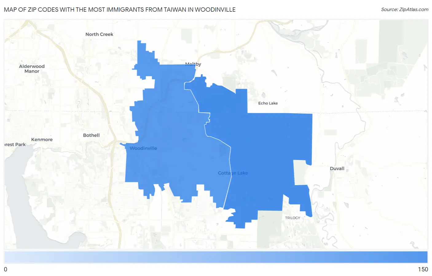 Zip Codes with the Most Immigrants from Taiwan in Woodinville Map
