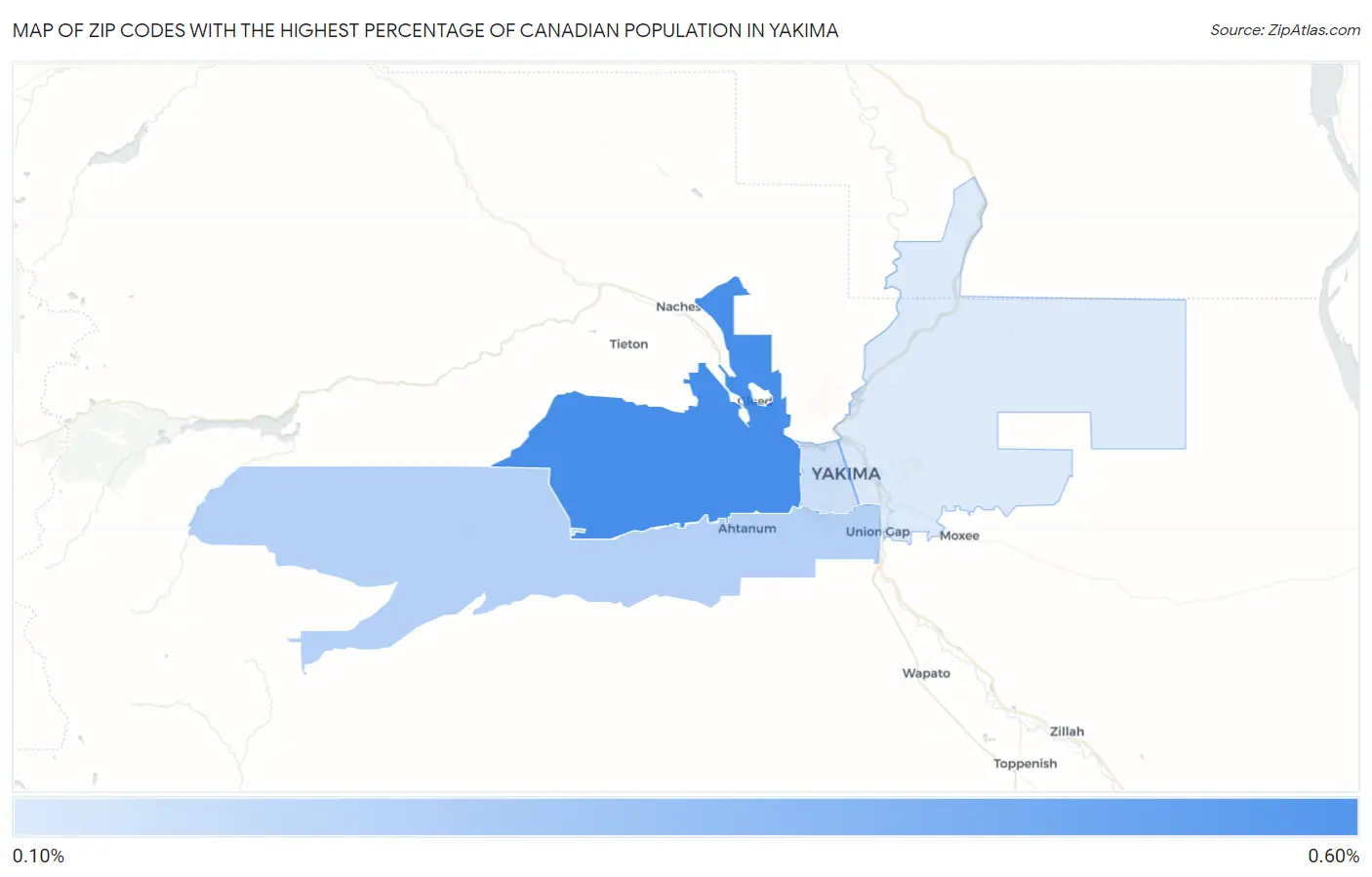 Zip Codes with the Highest Percentage of Canadian Population in Yakima Map