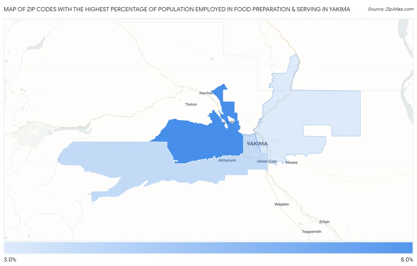 Zip Codes with the Highest Percentage of Population Employed in Food Preparation & Serving in Yakima Map