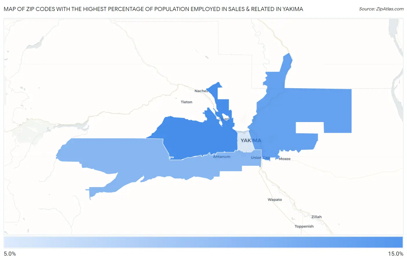 Zip Codes with the Highest Percentage of Population Employed in Sales & Related in Yakima Map