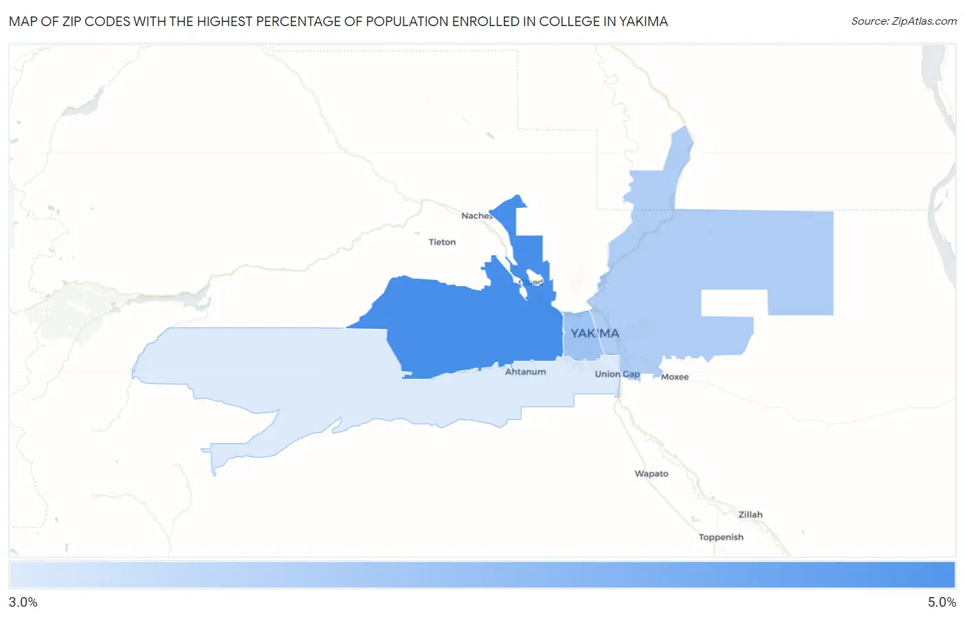 Zip Codes with the Highest Percentage of Population Enrolled in College in Yakima Map
