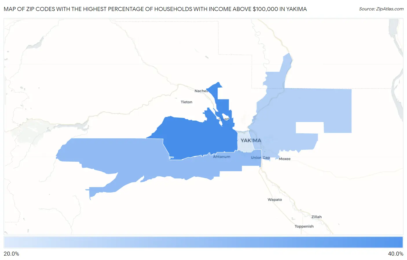 Zip Codes with the Highest Percentage of Households with Income Above $100,000 in Yakima Map