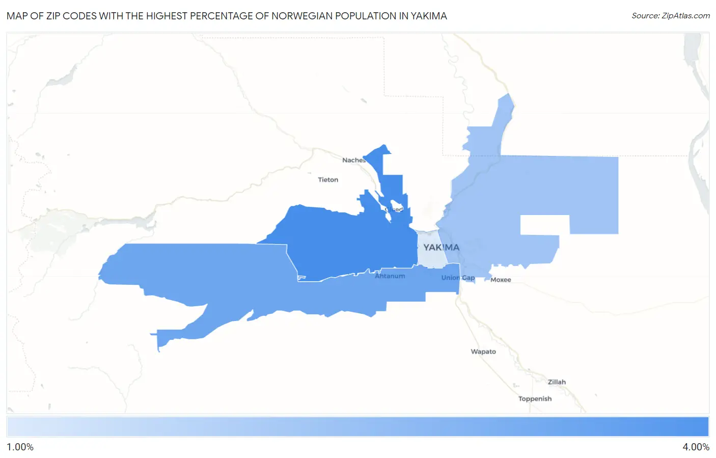Zip Codes with the Highest Percentage of Norwegian Population in Yakima Map