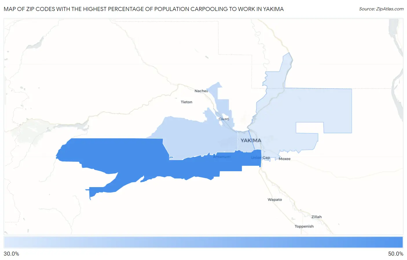 Zip Codes with the Highest Percentage of Population Carpooling to Work in Yakima Map