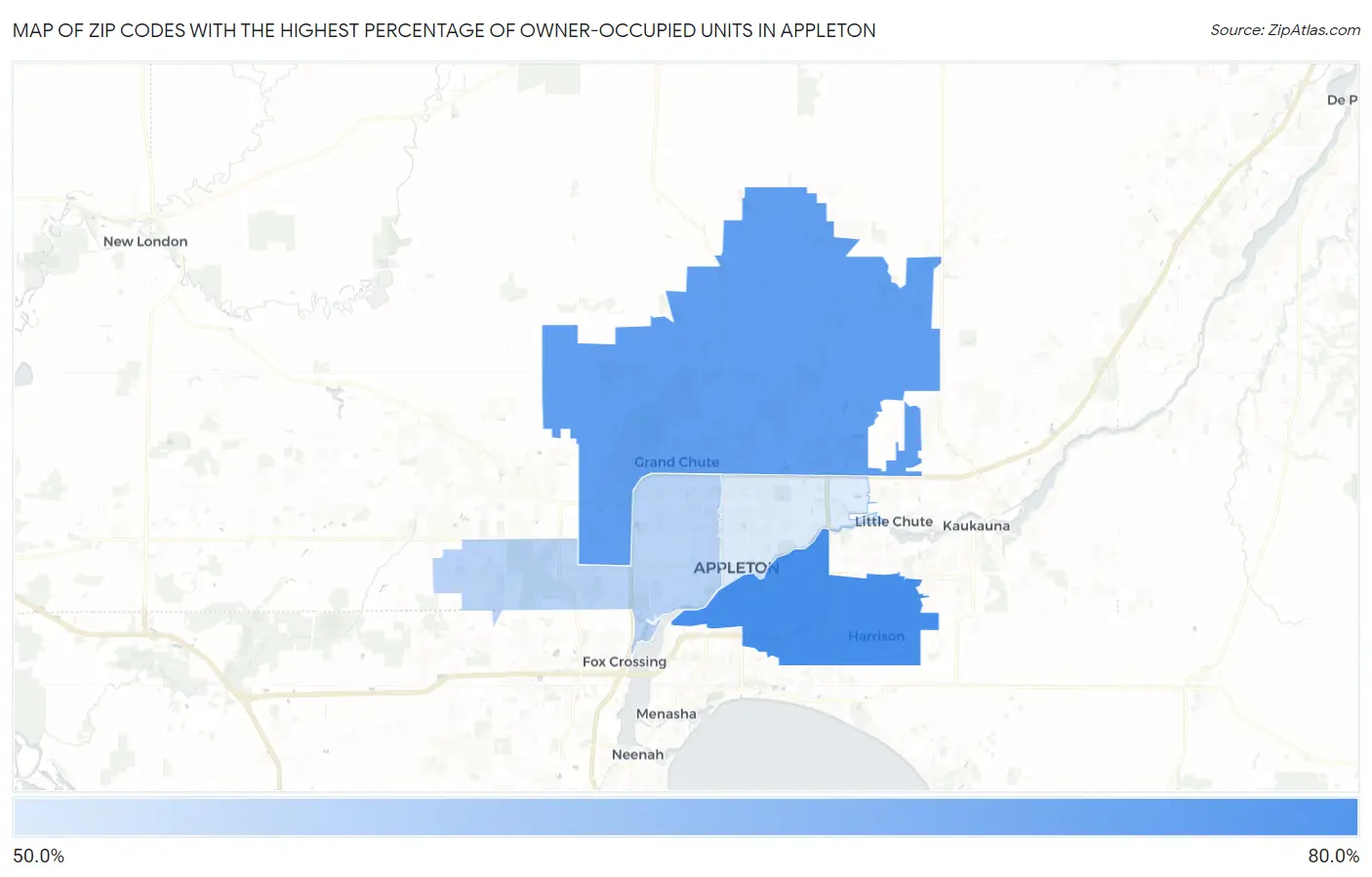 Zip Codes with the Highest Percentage of Owner-Occupied Units in Appleton Map