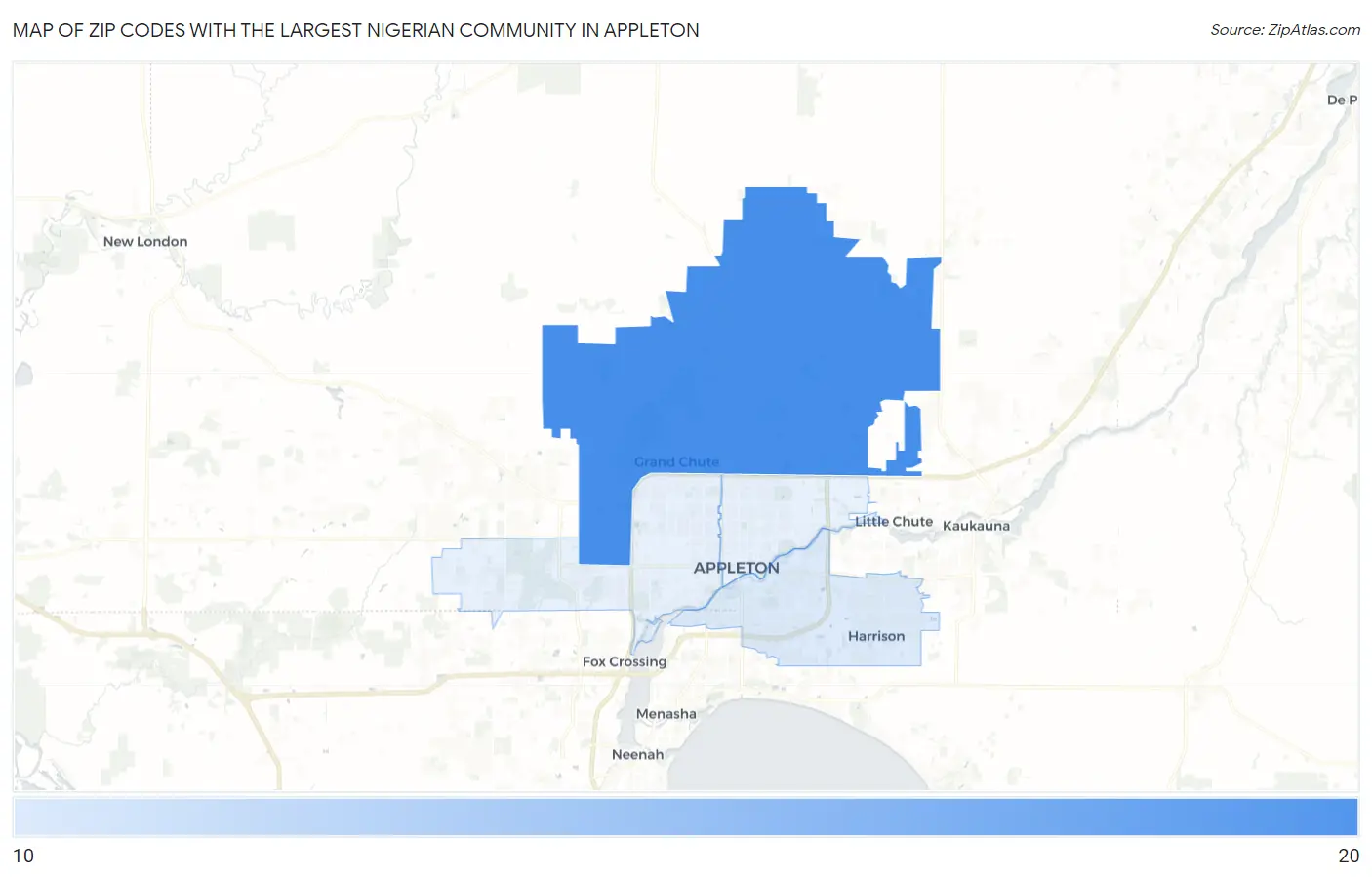 Zip Codes with the Largest Nigerian Community in Appleton Map