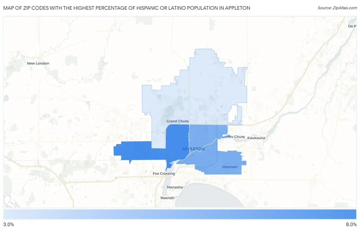 Zip Codes with the Highest Percentage of Hispanic or Latino Population in Appleton Map