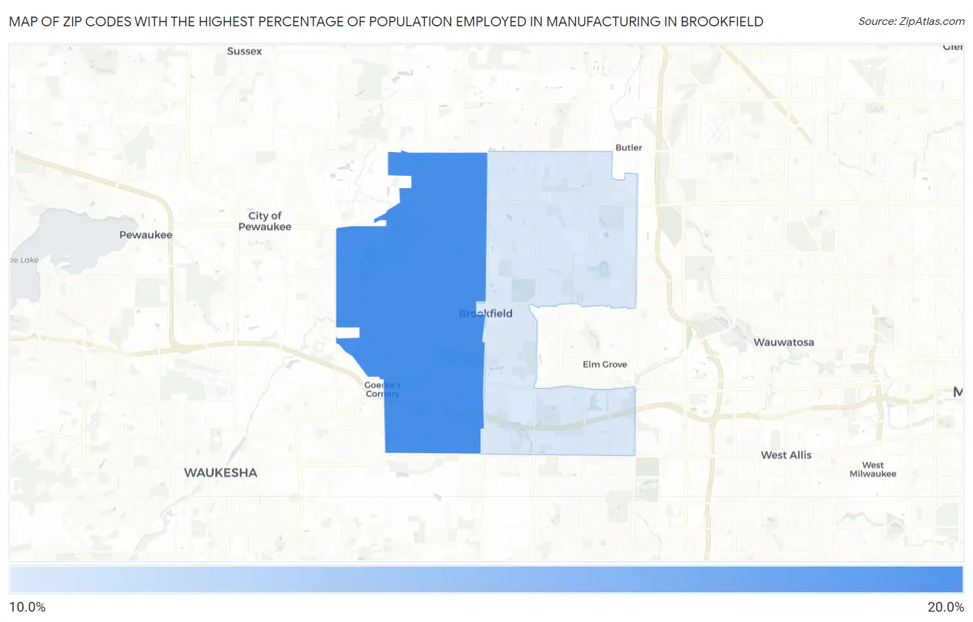 Zip Codes with the Highest Percentage of Population Employed in Manufacturing in Brookfield Map