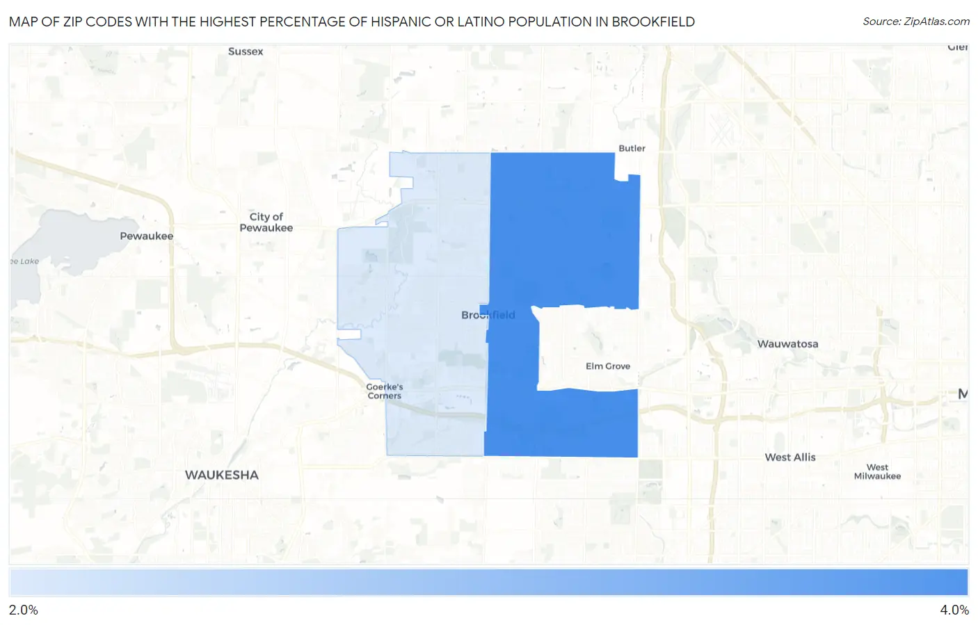 Zip Codes with the Highest Percentage of Hispanic or Latino Population in Brookfield Map