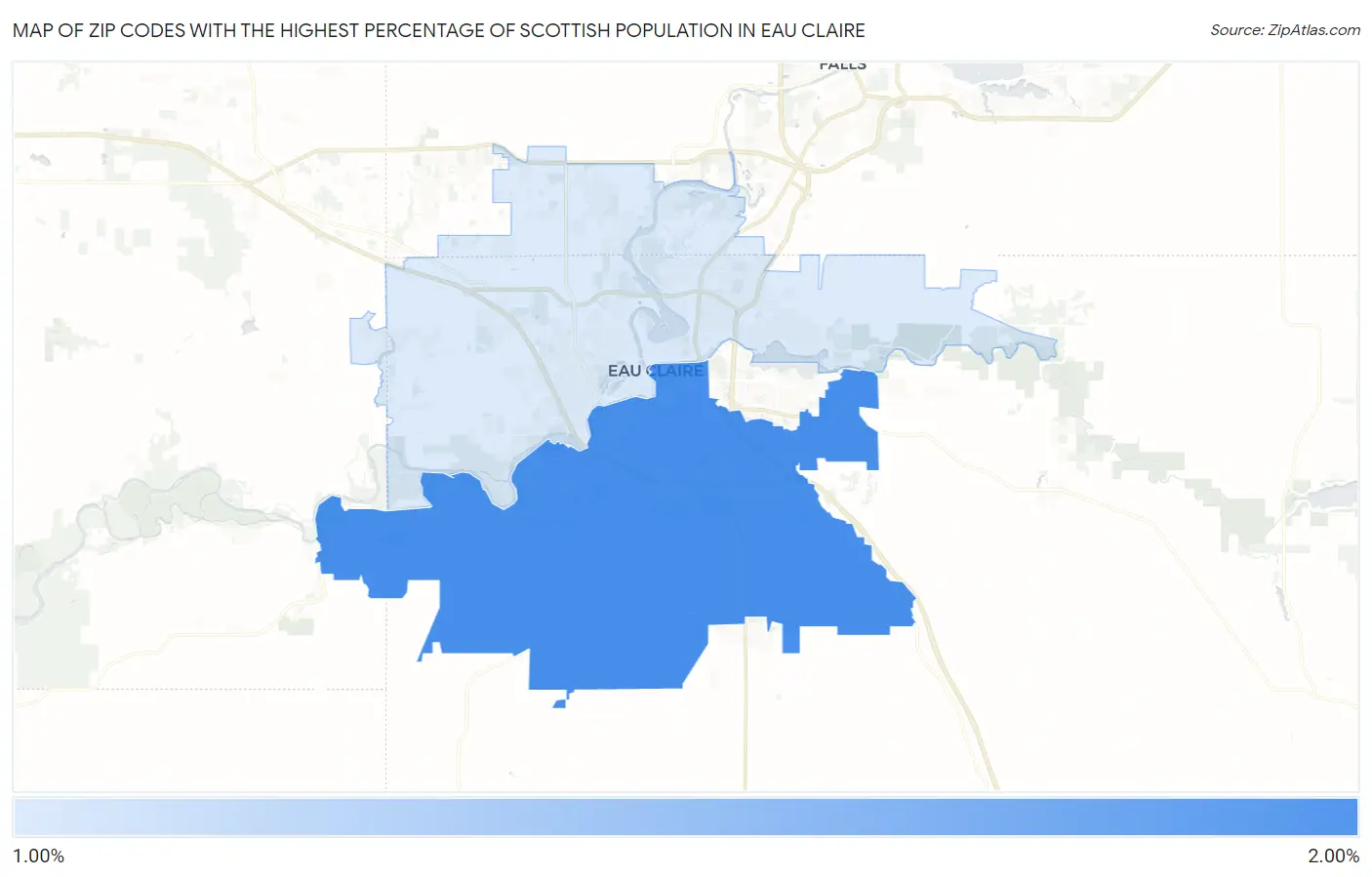Zip Codes with the Highest Percentage of Scottish Population in Eau Claire Map