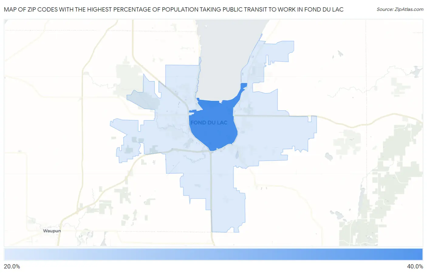 Zip Codes with the Highest Percentage of Population Taking Public Transit to Work in Fond Du Lac Map