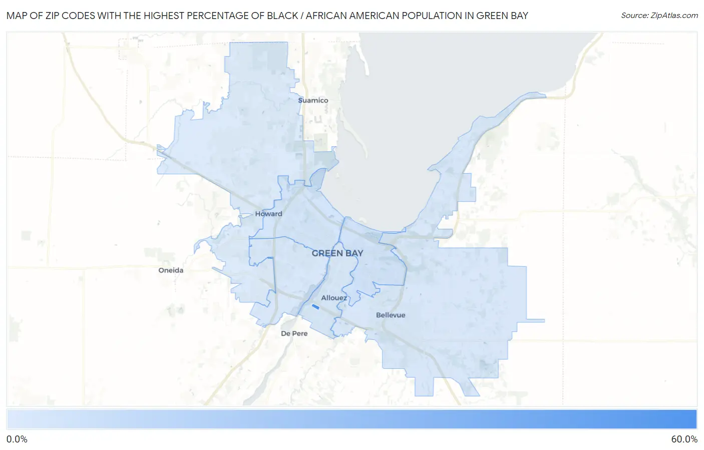 Zip Codes with the Highest Percentage of Black / African American Population in Green Bay Map
